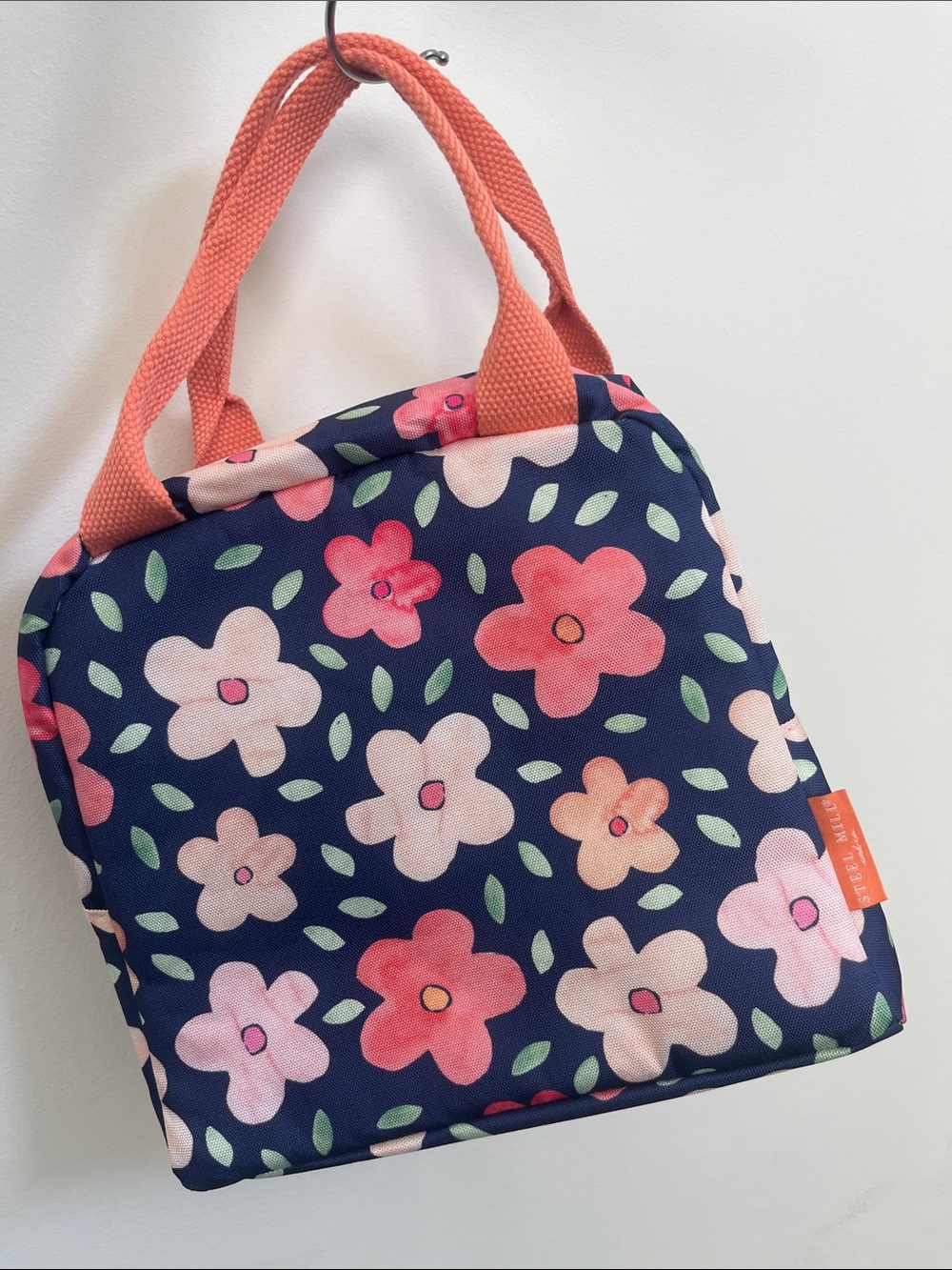 Navy Floral Canvas Lunch Bag / Tote with Coral Handles